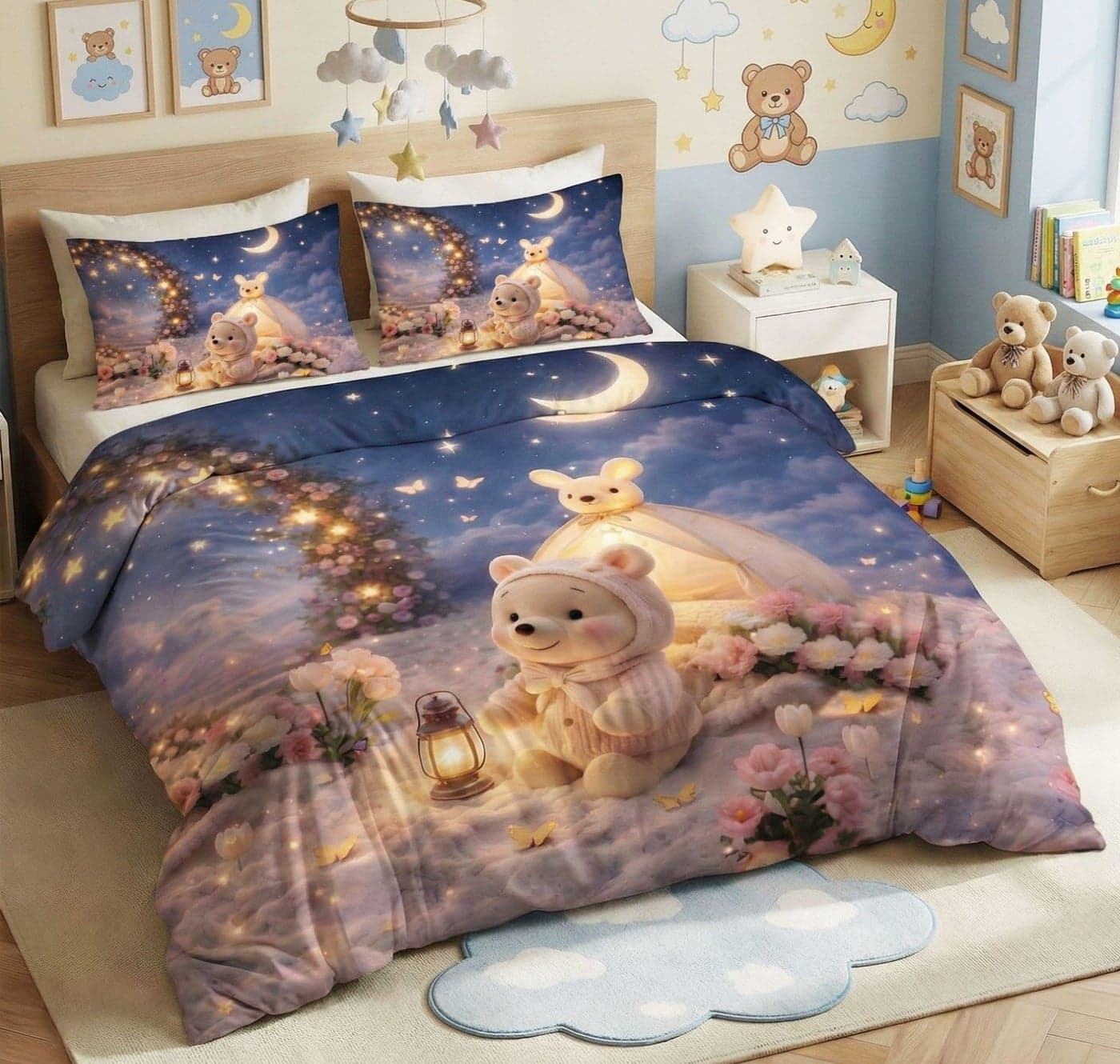 BSB HOME 7D Digital Printed Kids Double Bedsheet, Cloud Cotton Soft & Breathable Bedding for Kids Room, Cute Teddy Bear Moonlight Theme, Dusk Lavender, 90 x 100 Inches