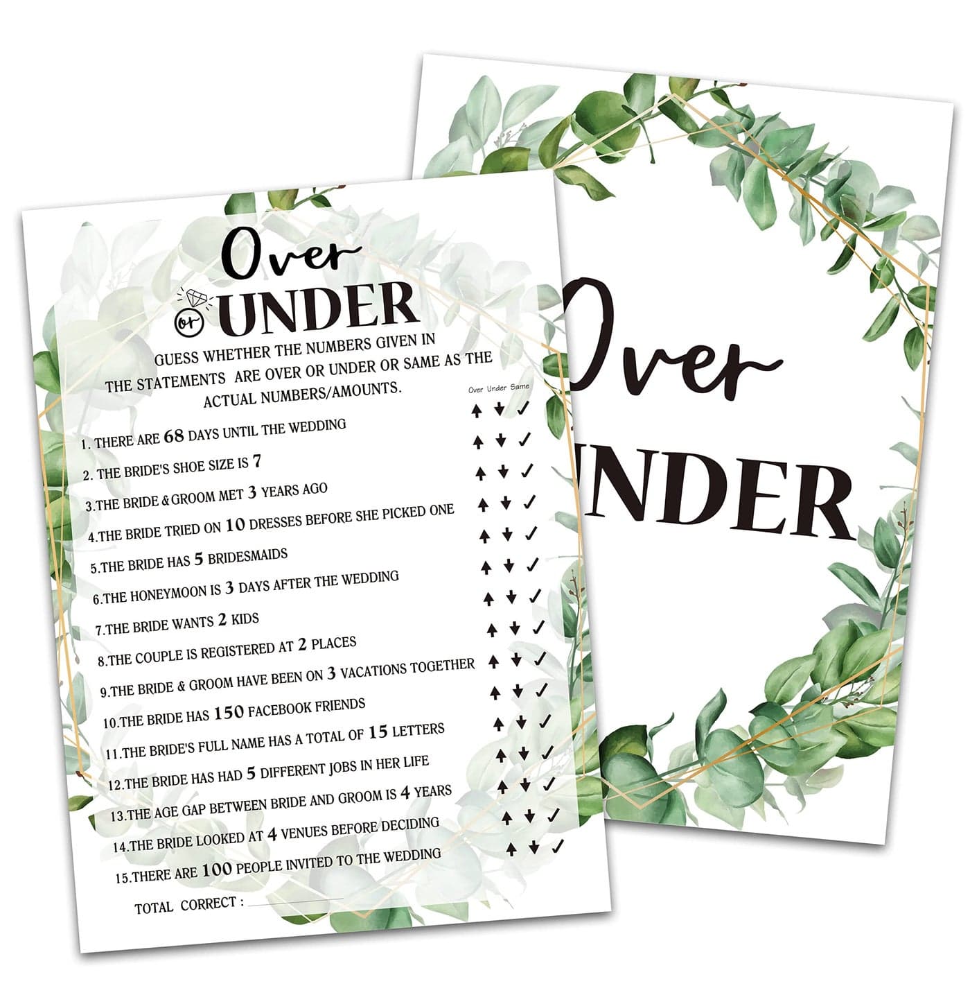 Huastatewolf Bridal Shower Game - Over or Under, Tropical Jungle Theme Engagement Party Set of 30 Cards (Leaf009)