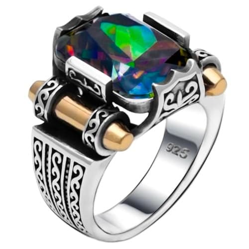 Genuine Solid 925 Sterling Silver Ring for Men, Accented with Bronze, Faceted Simulated Mystic Topaz Stone, Vintage Turkish Ottoman Style (Simulated Mystic Topaz, 12)