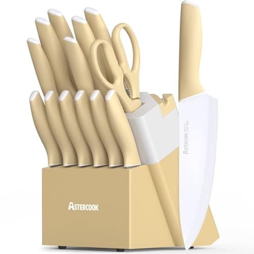 Astercook Kitchen Knife Set with Block and Sharpener 15 Piece Knives Set with Ceramic Coating German High Carbon Stainless Steel Knives Sharp Blade Dishwasher Safe Knife Set with Ergonomic Handle