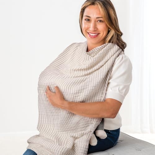 Itzy Ritzy Breastfeeding Boss Multi-Use Cover – A Nursing Cover, Swaddle, Car Seat Cover, Tummy Time Mat & Burp Cloth All in One – Made of Soft Muslin Fabric & Measures 47” x 47” (Taupe Stripe)