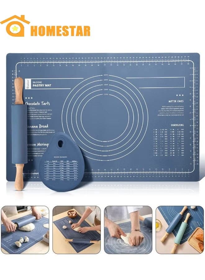 3 Pcs Silicone Baking Mat with Rolling Pins and Scraper, Food Grade Reusable Non-Stick Pastry Mat, Heat Resistance Table Place mat, Blue