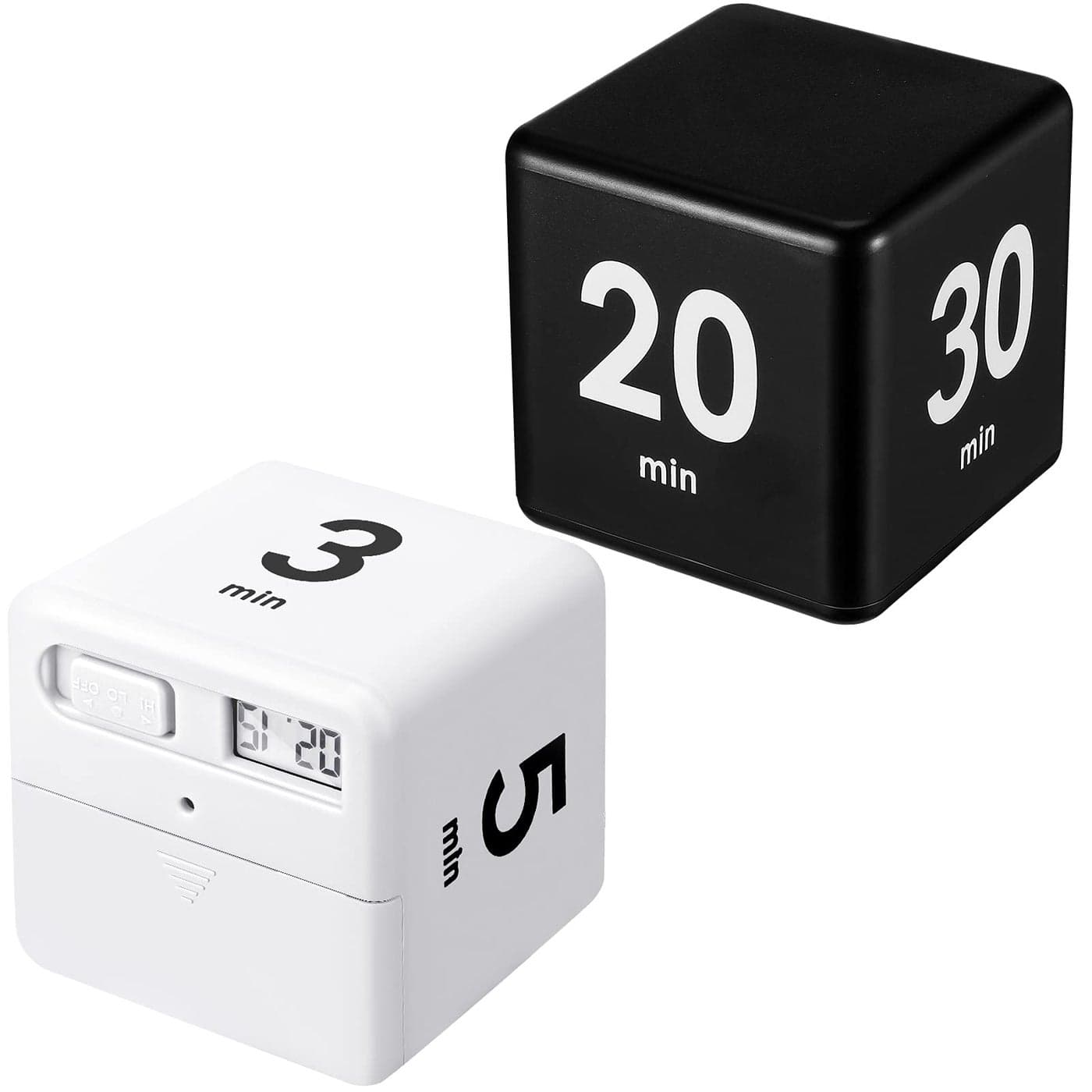 2 Pieces Cube Timers Gravity Sensor Flip Kids Workout and Game Timer Management 1 3 5 10 Minutes and 15 20 30 60 Minutes WhiteBlack