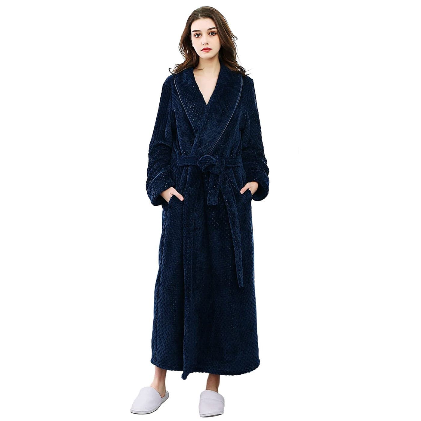 Hellomamma Womens Long Robe Soft Warm Fleece Plush Bathrobe Ladies Sleepwear Pajamas Housecoat Nightgown Navy Blue LargeXLarge