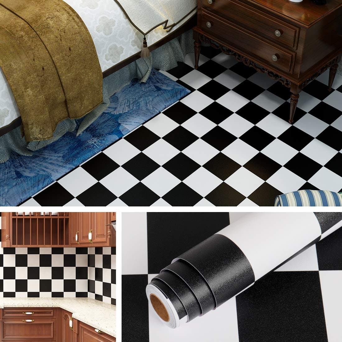 Livelynine Checkered Black and White Vinyl Flooring Roll 158x788 in Floor Contact Paper Waterproof Peel and Stick Tile Flooring for Kitchen Linoleum Bathroom Wallpaper Self Adhesive Wall Covering