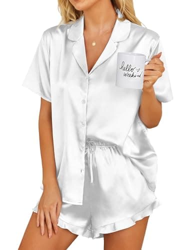 Ekouaer Womens Satin Pajamas Set Button Down 2 Piece Silk Pjs Shorts Set Ruffle Lingerie Notch Collar Sleepwear White S