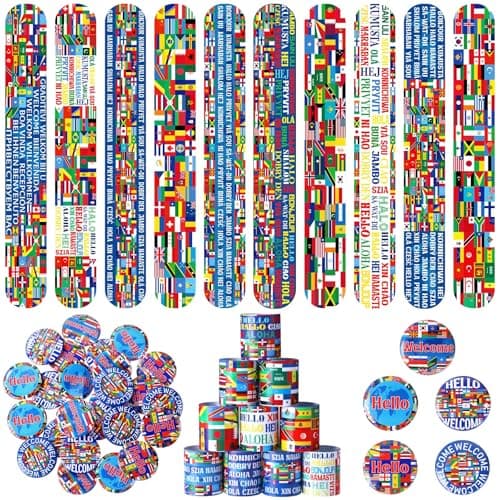 Outus 60 Pcs International Flags of The World Party Favors 30 Around The World Slap Bracelets 30 Button Pins Country Flags International Party Favor Globe History Classroom Decorations Supplies