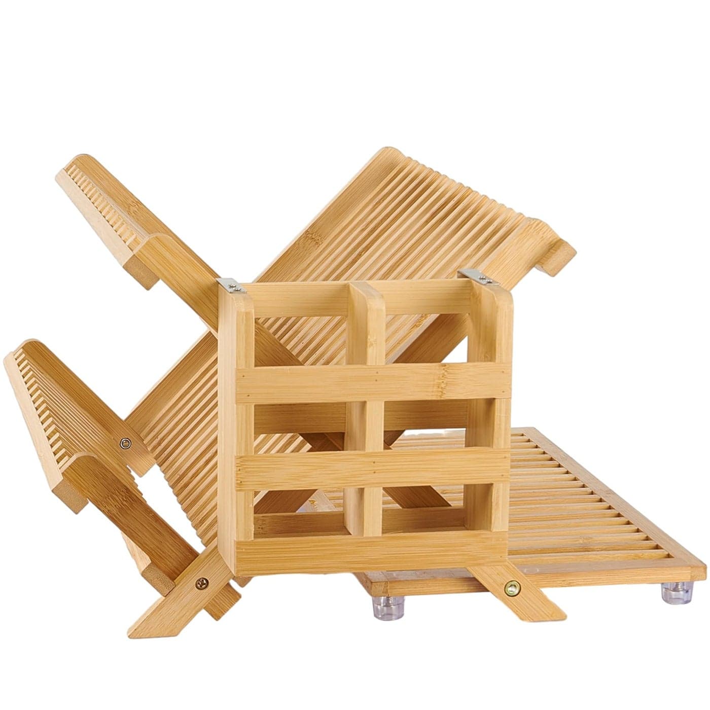 NOVAYEAH Bamboo Dish Drying Rack with Utensil Holder Collapsible Wooden Dish Drainer Rack 3Tier Large Folding Drying Holder for Kitchen Counter