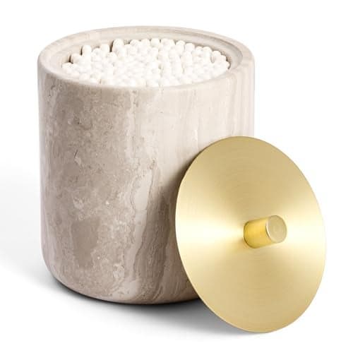 WORHE Marble Qtip Holder with Brass Lid for Cotton SwabsBallsPadsFloss Picks Large Capacity Marble Apothecary Jar for Bathroom Essentials Decor Vanity Makeup Storage Organizer Grey WH079