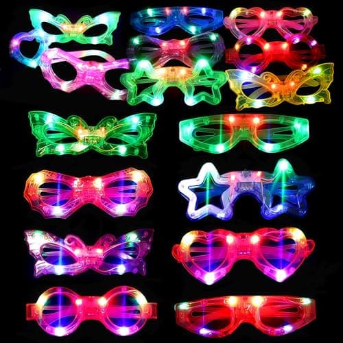 72 Packs LED Glasses for kids Glow in the dark Party Supplies Favor6 LED 6 Shapes Glasses Flashing Plastic Light up Glass Toys Bulk 3 Replaceable Battery fit Halloween Christmas Thanksgiving