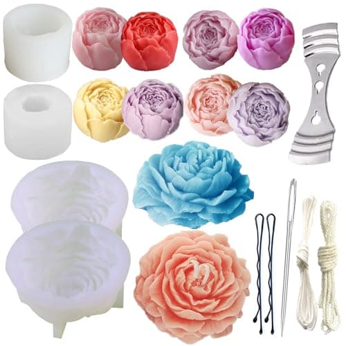 11PCS Peony MoldBud Peony Candle Mold4 Pack Peony Flower Silicone Molds Soap Molds Peony Rose Candle Mold Resin Mold with LargeEye Wicking Needle Candlewick Holders for Candle Making Resin Craft