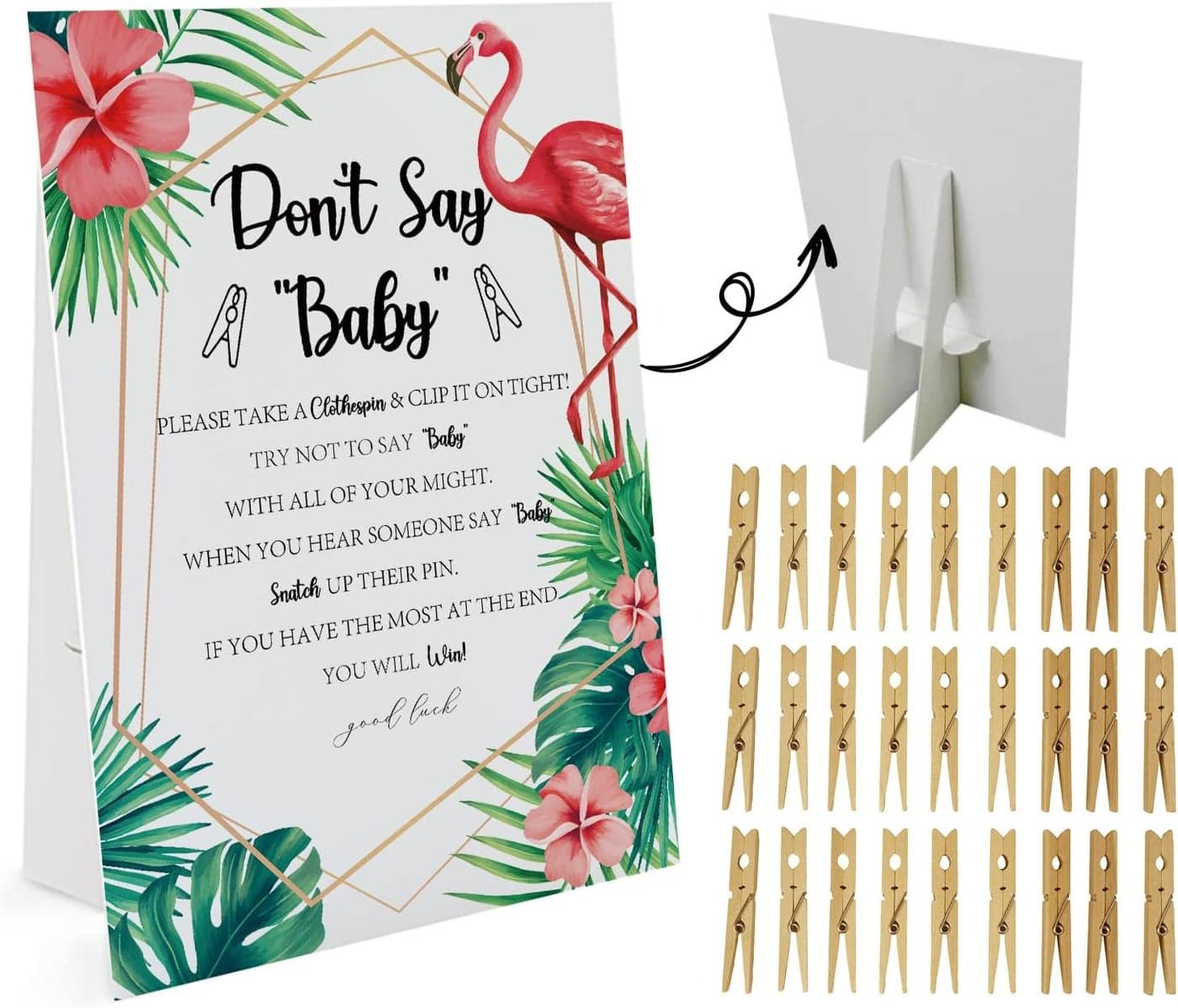 Floral Flamingo Dont Say Baby Game 1 Sign And 50 Mini Natural ClothespinsDont Say Baby Baby Shower Game Baby Shower Decorations Baby Shower Games Gender Neutral Tropical Baby Shower Game DS16