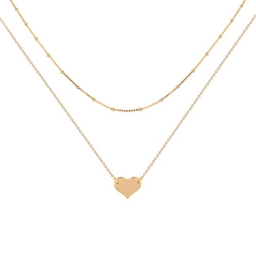 MEVECCO Layered Heart Pendant Necklace,14k Gold Plated Love 2 Heart Love Tiny Dainty Layering Pendant Necklaces Jewelry for Women