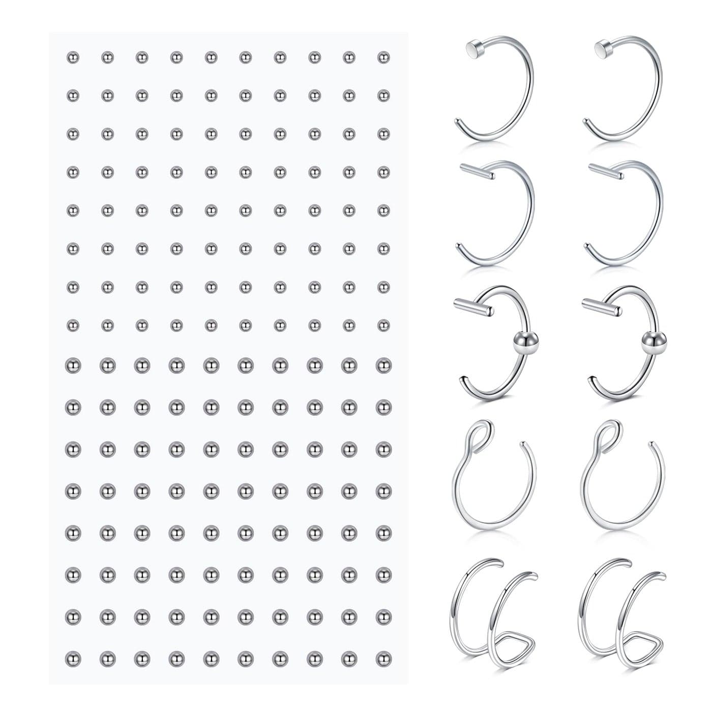 QWALIT Fake Lip Ring Fake Lip Piercing Fake Piercings Fake Nose Ring Hoop Fake Face Piercing Fake Lip Stud Fake Nose Stud Stick on Fake Eyebrow Piercing Fake Eyebrow Ring Fake Piercing Balls Silver