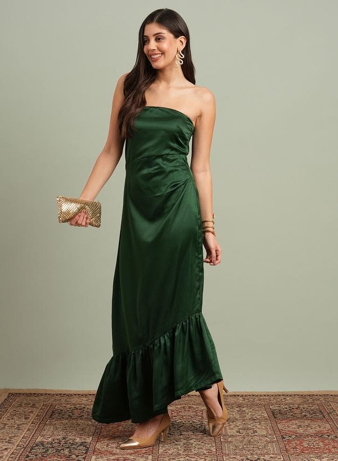 Green Solid Bandeau Neck Ruffle Hem Maxi Dress — M