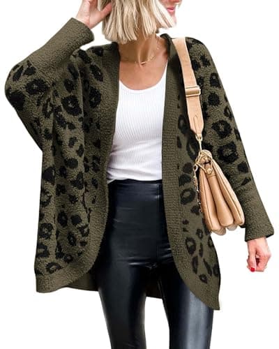 BTFBM Leopard Cardigan for Women Long Sleeve Open Front Cardigans Sweaters Pockets Loose Knit 2025 Fall Winter Outwear(Army Green, Medium)