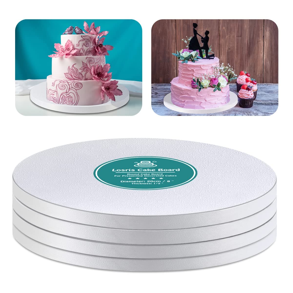 White Cake Drums Round 14 Inch Cake Boards with 12Inch Thick Smooth Edges for Multi Tiered Birthday Wedding Party Cakes Drum Board