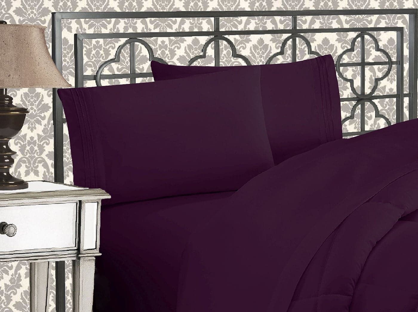 Elegant Comfort Luxurious 1500 Premium Hotel Quality Microfiber Three Line Embroidered Softest 4Piece Bed Sheet Set Wrinkle and Fade Resistant King EggplantPurple
