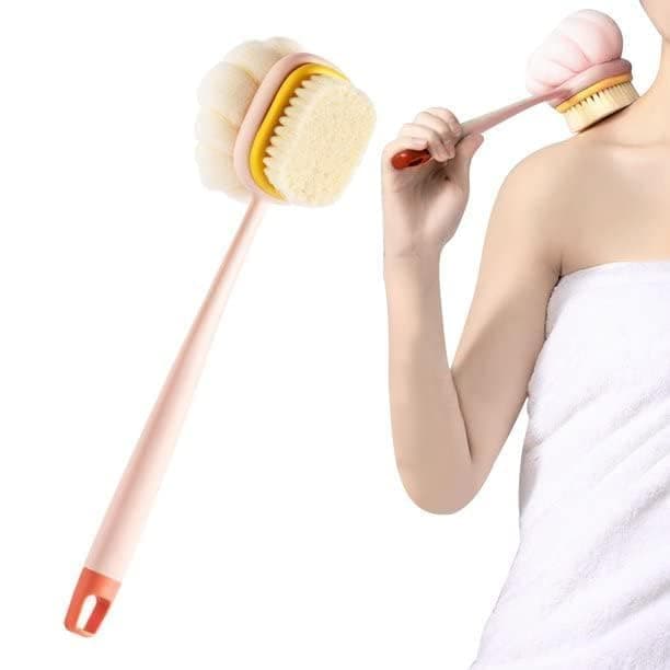 SANGOZ Bath Brush Round Handle Shower Body Plastic Brush with Bristles and Loofah Back Scrubber Bath Mesh Sponge with Curved Long Handle for Men and Women Pack of 1 MultiColor