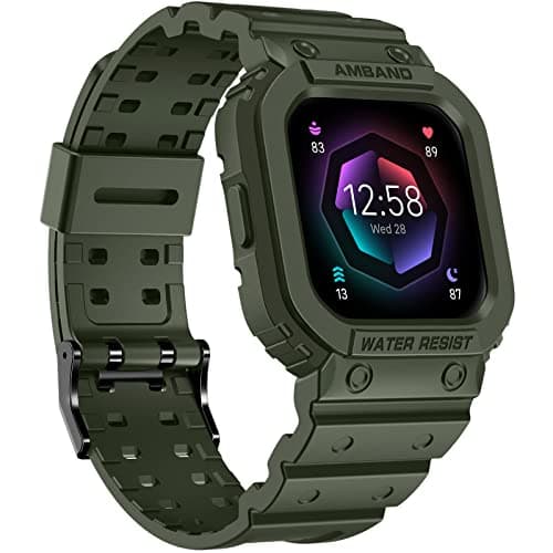 amBand Compatible for Fitbit Versa 4/3/2/ Fitbit Versa Lite/Fitbit Sense 2/ Fitbit Sense Bands with Case, Protective Smartwatch Case Strap Rugged Sport Protector Wristbands Men Green