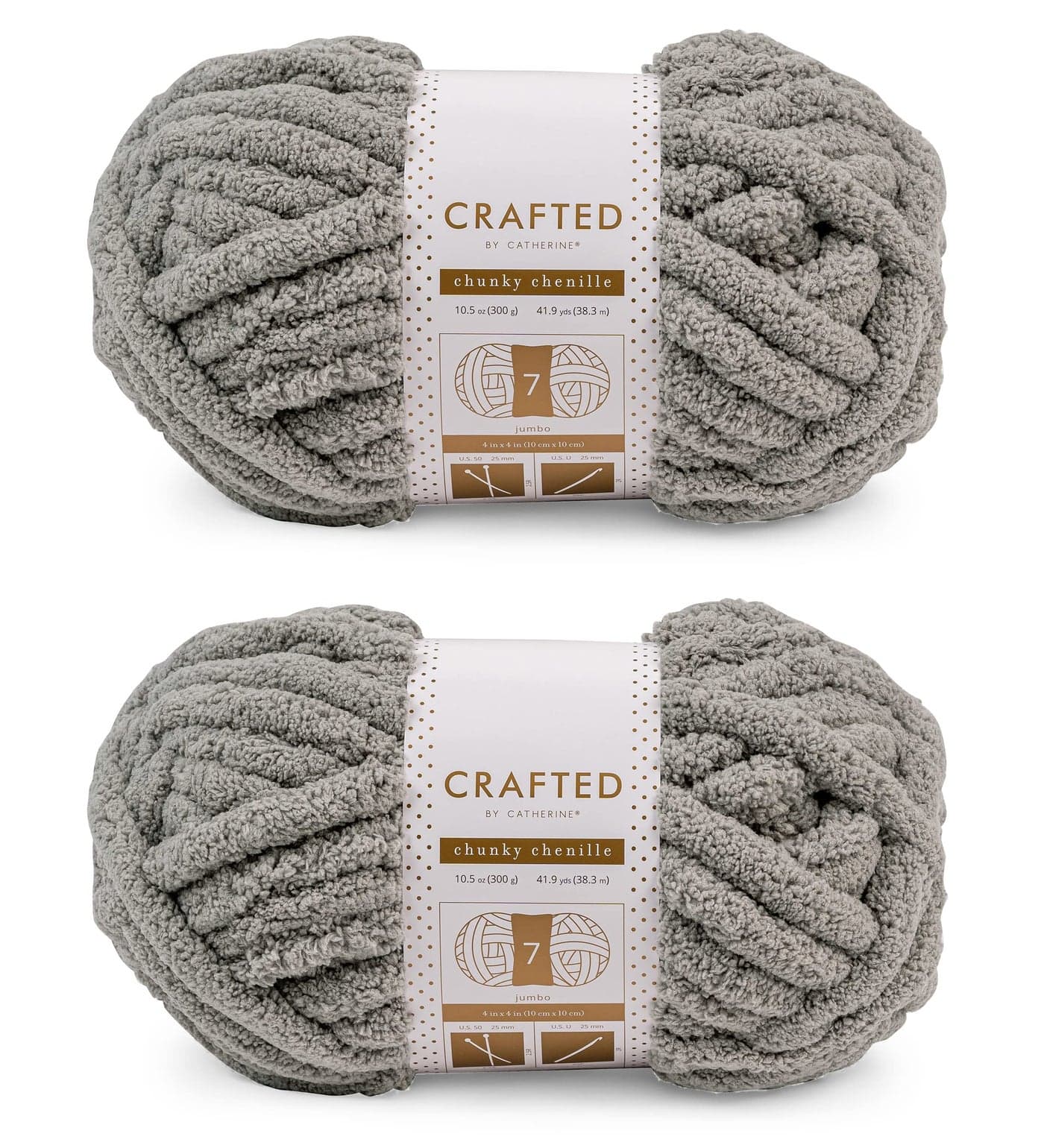 Crafted By Catherine Chunky Chenille Yarn - 2 Pack (41 Yards Each Skein), Grey, Gauge 7 Jumbo