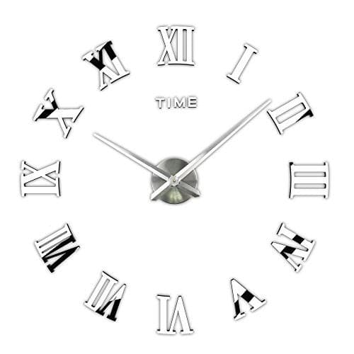 Timelike 3D DIY Wall Clock, 1M Modern Frameless Large 3D DIY Wall Clock Kit Decoration Home for Living Room Bedroom (Silver)