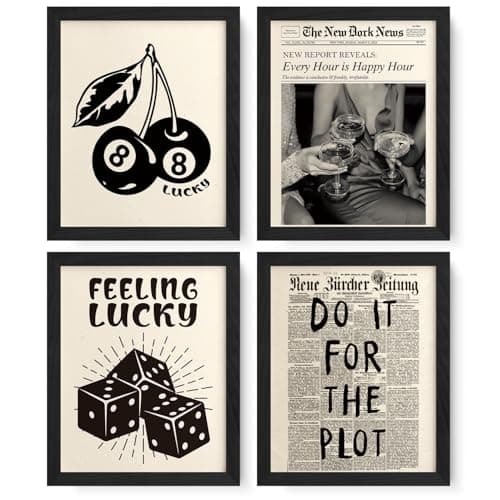 JXREQ Trendy Retro Black Y2K Wall Art Room Decor Prints Set of 4, Black Lucky 8Ball Posters Prints Wall Decor for Home College Girls Room, Do It for the Plot, 8x10 Inch Unframed