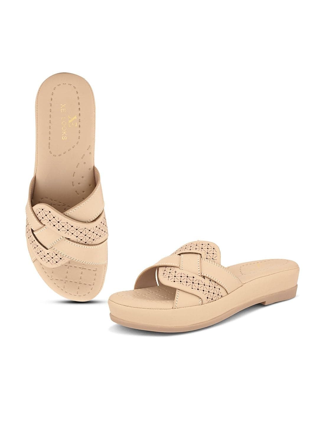 XE Looks Sleek Dark Cream Slip-On Sandals - Cross-Strap Perforated Comfort