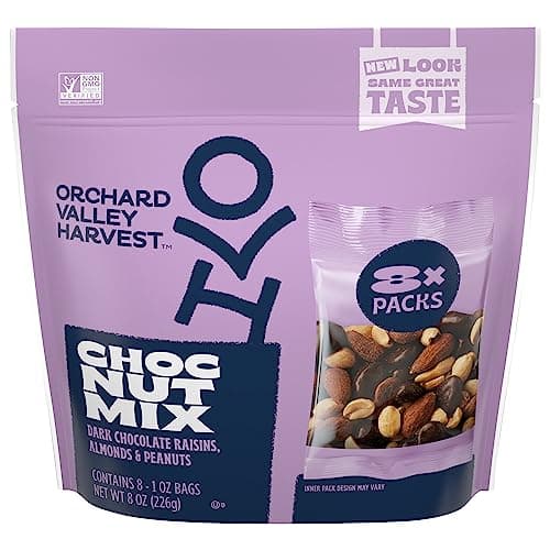 Orchard Valley Harvest Choc Nut Mix Multipack 1 oz Pack of 8 Dark Chocolate Raisins Almonds Peanuts Gluten Free Stand Up Bag NonGMO 4g Plant Based Protein Per Serving OnTheGo Snack