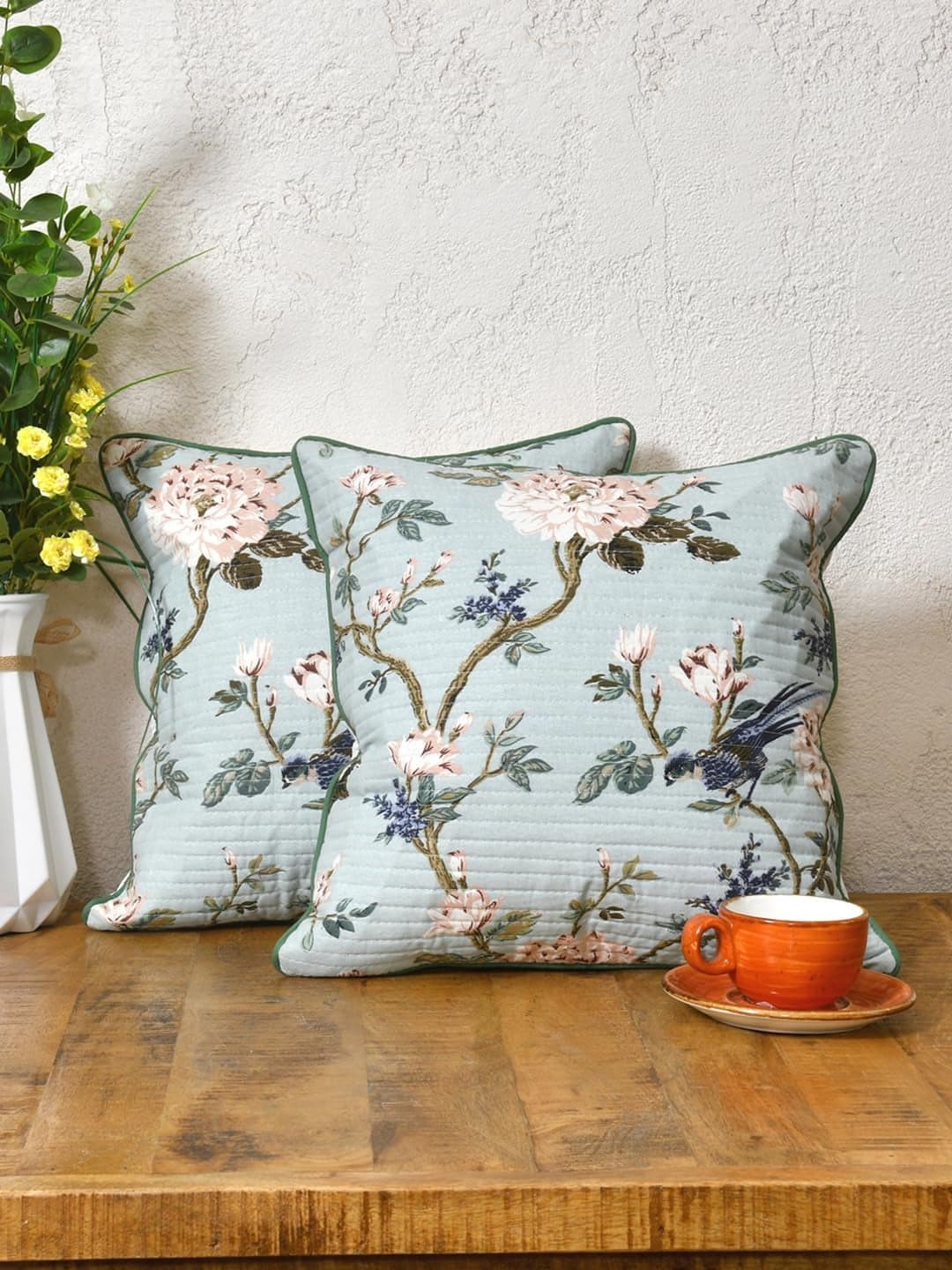 Clasiko Cotton 300 TC Cushion Covers Set of 2; 24X24 Inches; Light Flowers On Light Blue