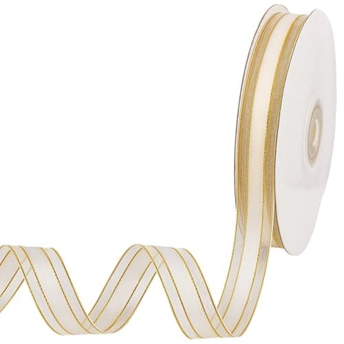 CABODYALS 50 Yards 12 Inch Beige Sheer Organza Ribbon White Transparent Mesh Chiffon Christmas Fabric Yarn Ribbons with Gold Edge Trim Bulk for Sewing Making Crafts Gift Wrapping Bouquets Xmas Tree