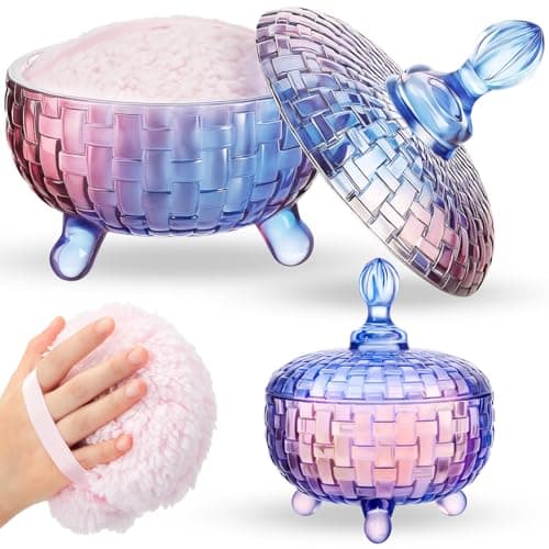 Tioncy 2 Pcs Extra Large Dusting Powder Puff and Container for Women6 Glass Crystal Dusting Powder Container with Body Soft Washable Reusable Velour FaceGradientWeave Design