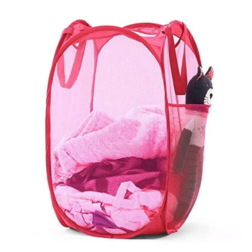 TECHMILLY Collapsible Mesh Pop Up Laundry Hamper with Sturdy Handles and Side Pocket - Portable Foldable Clothes Baskets for Dorm, Bathroom & Travel Storage (Pink)