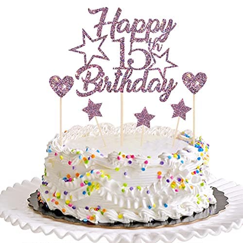 Festiko®Purple Glitter Happy 15th Birthday Cake Topper with Cupcake Toppers - 15th Birthday Cupcake Decoration, 15th Birthday Cake Decor for Boys or Girls (15th)