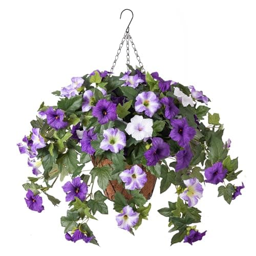 Ammyoo Artificial Hanging Fake Flowers with Basket Plants for Outdoor Decoration, Faux Silk Flower UV Resistant Morning Glory for Home Porch Patio Garden Balcony Yard Look Real (Purple White)