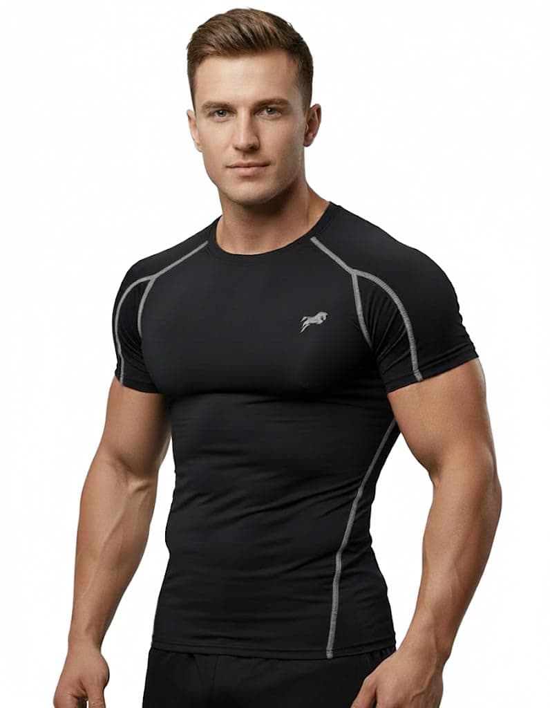 JUST RIDER Compression T Shirt for Men Half Sleeve Gym T Shirts Half Sleeve Compression T-Shirt - Men's Athletic & Sports Tights for Fitness (in, Alpha, L, Regular, Grey & Black)