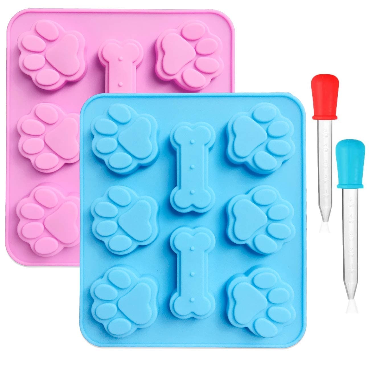 2 Pack Silicone Puppy Paw Print Dog Bone Shaped Chocolate Moldswith 2 Pieces Graduated Clear Liquid Droppers8Cavity Reusable Ice Trays Baking Cookies Candy Moulds
