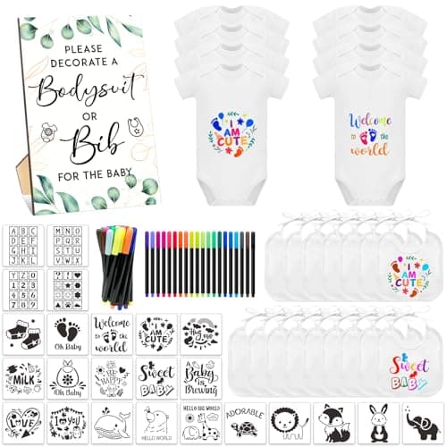 SytuHete 69 Pcs Baby Bib Bodysuit Set - Baby Shower Game Sign, Feeder Bib, Newborn Bodysuit, Fabric Marker