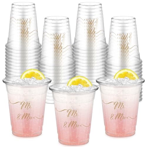 FoldTier 50 Pcs Mr and Mrs Cups 12 oz Plastic Wedding Cups Clear Engagement Disposable Glasses Bridal Shower Drinking Glasses for Home Kitchen Wedding Theme Party Favors Supplies Decoration