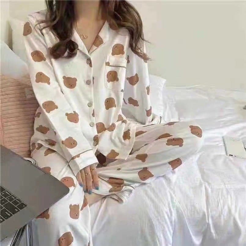 Japanese ins style spring and autumn cardigan long-sleeved pajamas women's Korean-style cartoon cute casual home wear suit wholesale