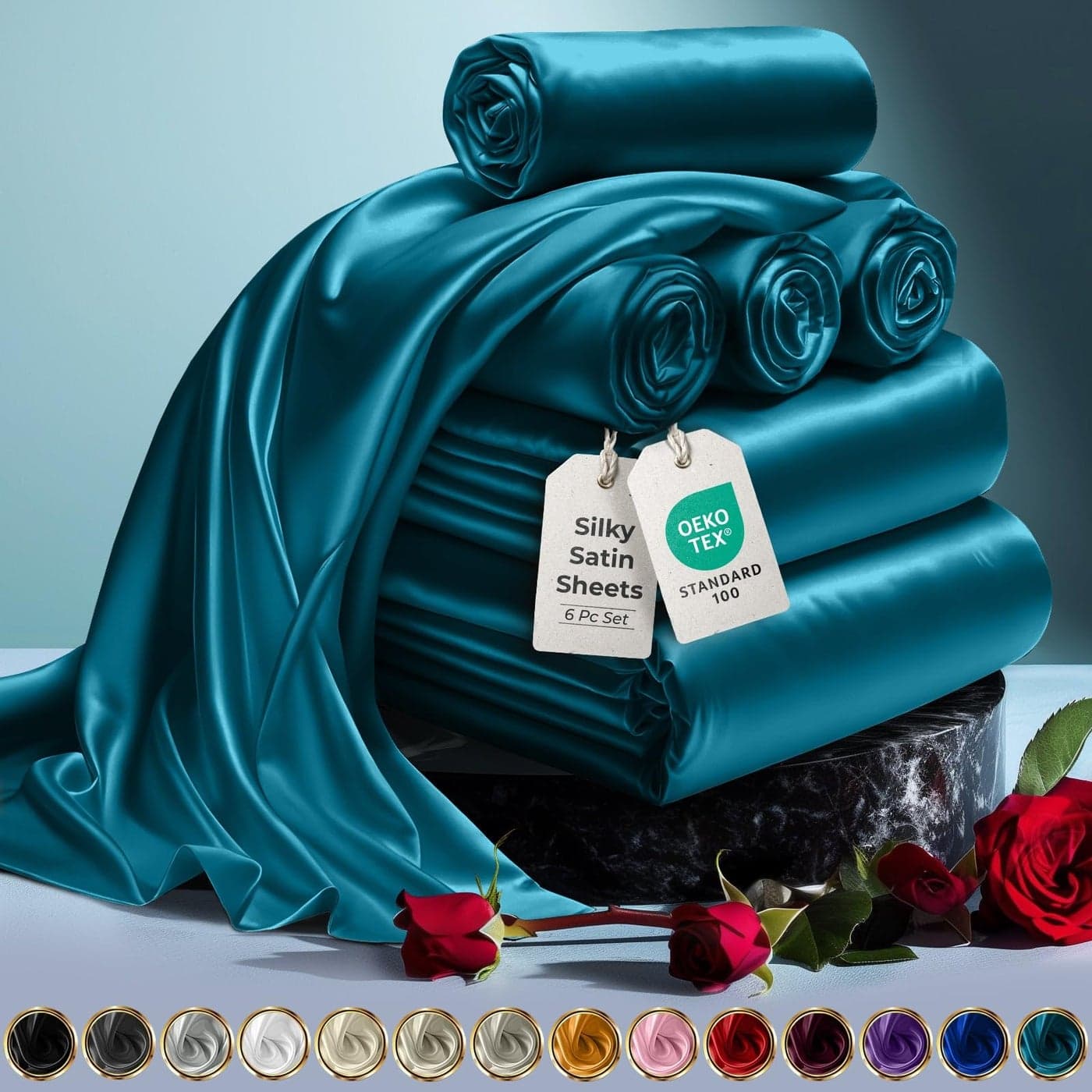 DECOLURE Satin Bed Sheets 6 Piece Luxury Silky Queen Size Bedding Set Softer Than Silk WrinkleFree with 15 Deep Pocket Fitted Sheet Perfect for Hair Skin Gifts for Women Sea Teal