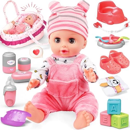 SMILESSKIDDO Baby Doll Set 14 Babydoll with Dolls Accessiores Realistic Pretend Play Doll Includes Carrier Bassinet Bed Feeding Set Doll Clothes Toddler Toys Gifts for 1 2 3 4 5 Year Old