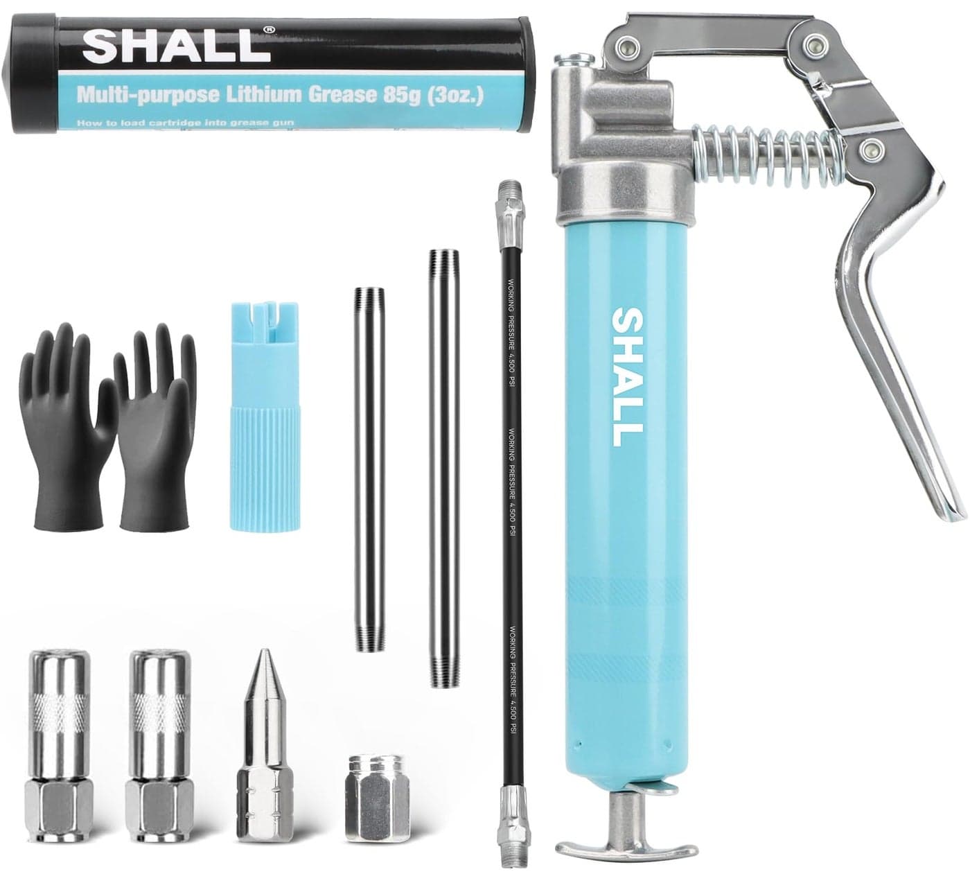 SHALL Mini Grease Gun, Small Grease Gun Kit (3.52OZ Capacity, 3000PSI) with 2PCS 4-Jaw couplers, Sharp Nozzle, Extension Adapter, 3OZ Cartridge Grease, Reinforced PVC Glove & Zerk Fitting Cleaner