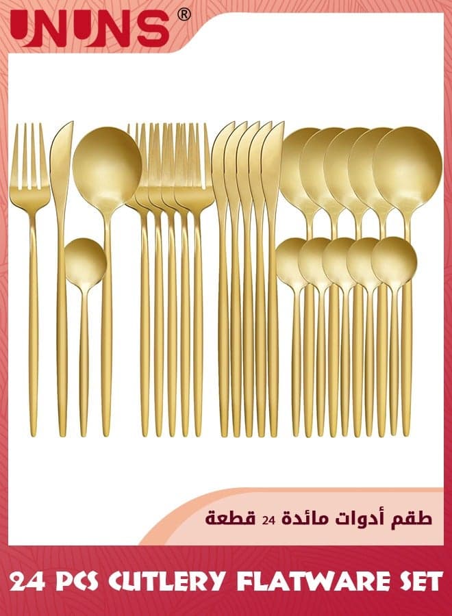 24 Pcs Flatware Set,410 Stainless Steel Knife Fork Spoon Set,Silverware Cutlery Set,Home Dinnerware Tableware Set For 6,Utensils Set Basics Tableware,Mirror Finish,Dishwasher Safe,Gold