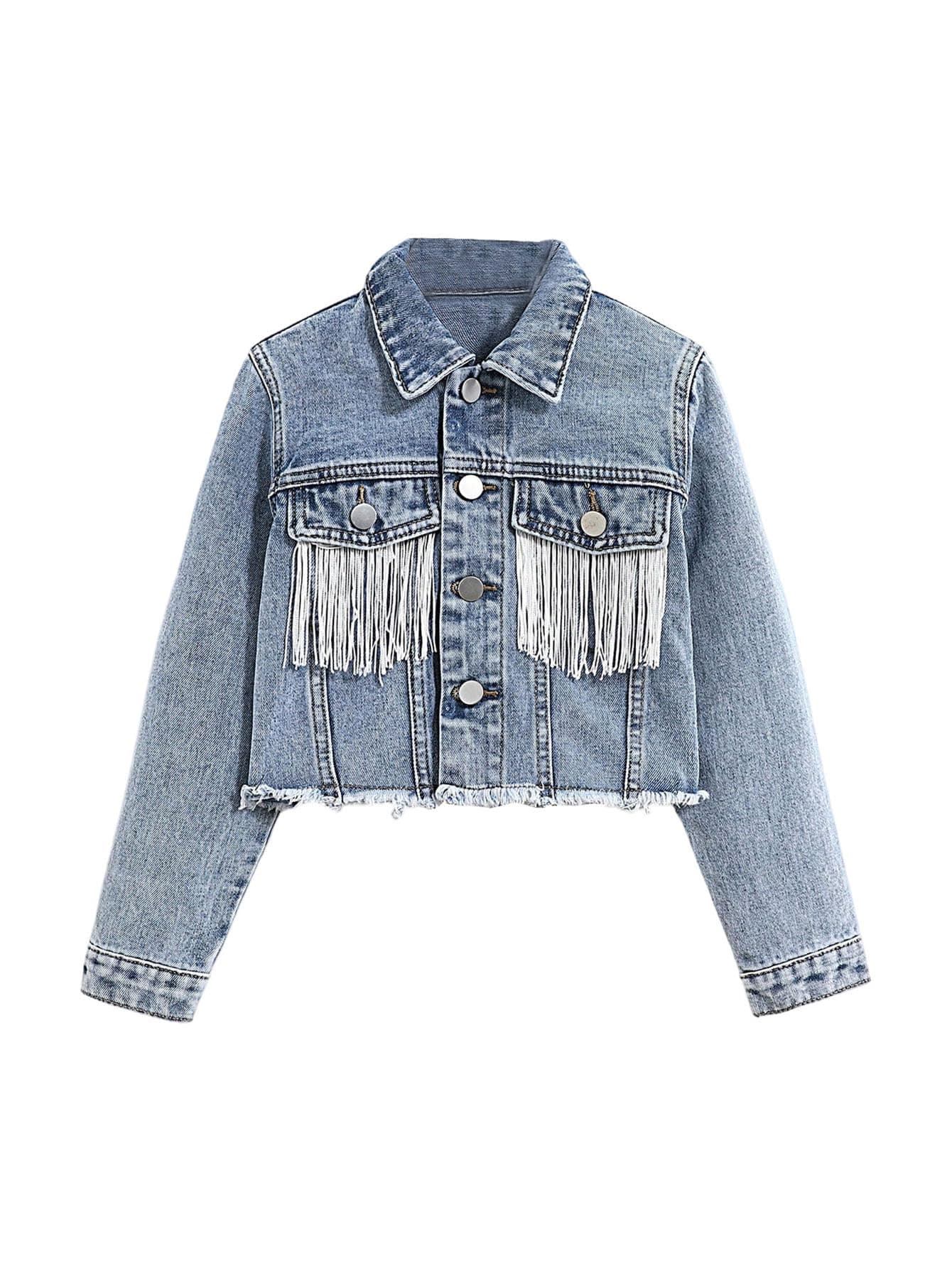 MakeMeChic Girl's Fringe Denim Cropped Jackets Long Sleeve Raw Trim Button Down Jean Cowgirl Y2K Cute Jacket Light Blue 9 Years