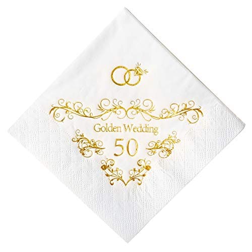 Crisky 50th Wedding Anniversaray Napkins Golden Cocktail Beverage Napkins, 50th Wedding Anniversary Decorations for Candy Cake Table, 50 Pcs, 3-ply