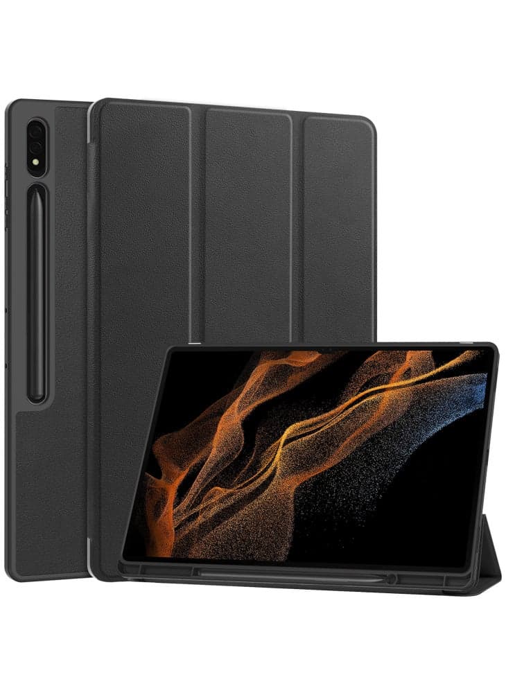 Smart Tablet Case for Samsung Galaxy Tab S9 Ultra,PU Leather Tri-fold Stand Cover with Pen Slot - Black