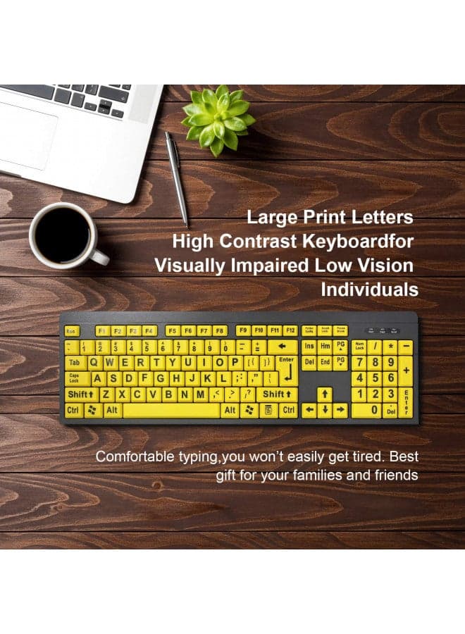 BOOGIIO Large Print Computer Keyboard, Wired USB High Contrast Keyboard with Oversized Print Letters for Visually Impaired Low Vision Individuals (Yellow+Black)