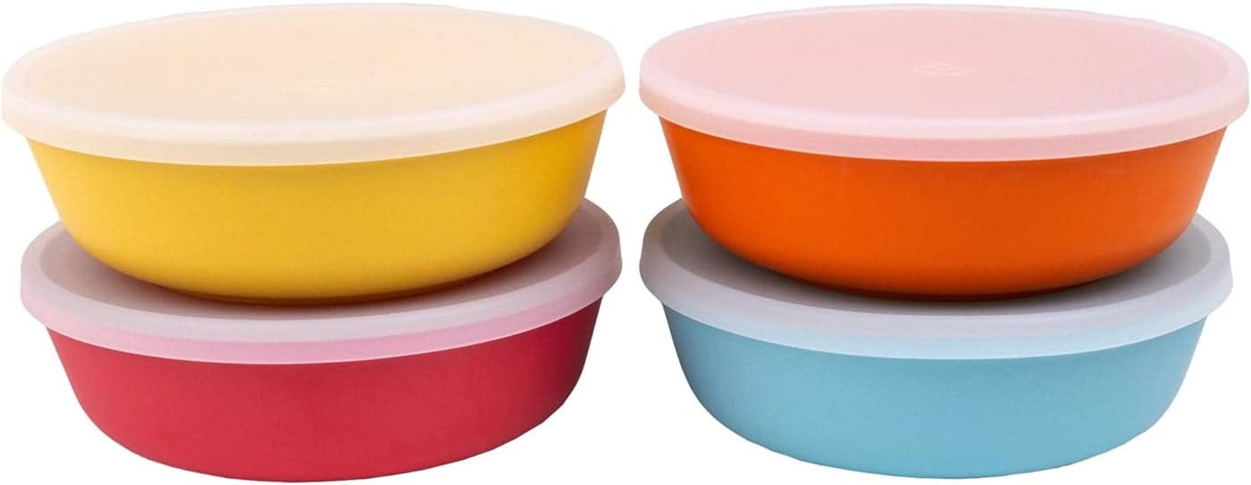 WeeSprout Bamboo Kids Bowls with Lids Set of Four 15 oz KidSized Bamboo Bowls Bamboo Kid Bowls with Lids for Leftovers Dishwasher Safe Blue Yellow Orange Red