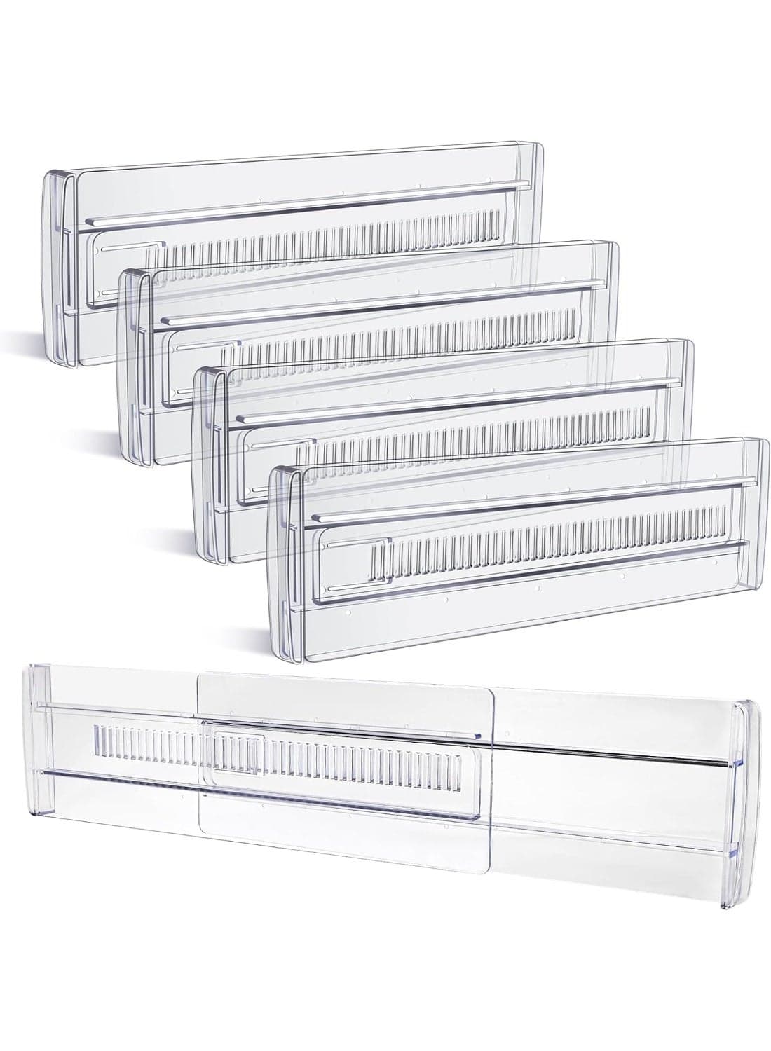 Drawer Dividers, 4 Pack Adjustable Drawer Organizers 3.2" High Expandable from 11.3-20" Clear Expandable Dresser Organizer for Clothes Kitchen Utensils Cutlery Drawer Organizers Set